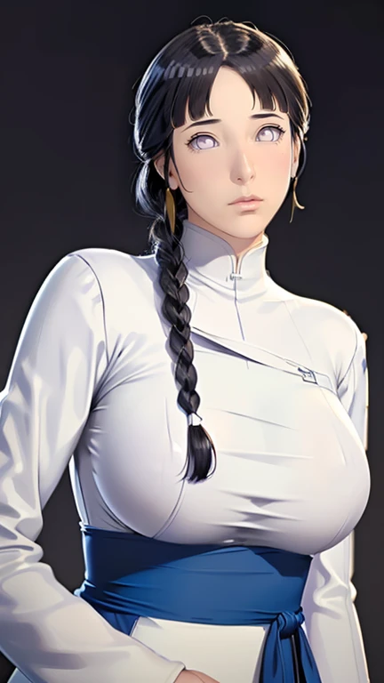 （（（Perfect number，number，Solitary， White and tender skin，（（（cyberpunk，Blue Dress，White loose coat，Long-sleeved coat，））），（（（brown eyes, braid, long hair, braided ponytail, single braid, hair over shoulder, bangs, blush, lips)),high resolution, ((Best qualit...