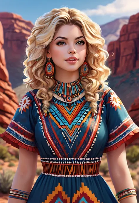 Beautiful boho women stunning merge of Masiela Lusha with colorful southwestern style dress. colorful southwestern earing and. jewelry blonde colored hair that is coarse, wiry, and tightly curled. It often has a rough texture, feels stiff to the touch, and...