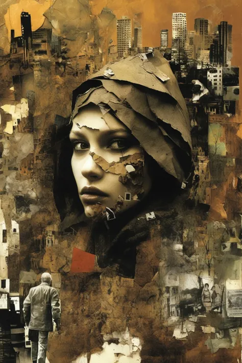 Dave McKean Style - _mixture of glued torn photos collage painted with acrylics earth and dirt_PROMPT or translation and artificial processing from Dave McKeans style memorable cover illustrations_people wandering the city lost urban elements_masterful col...