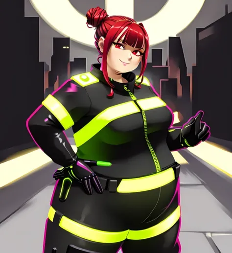 (high_aesthetic:1.3)
(solo, 1girl)
Mechanic jumpsuit 
standing, cowboy shot
fat, (apple_shaped_body:1.2),  belly)
red hair, tied back bun, red eyes
cyperpunk, city, neon signs
smile, looking at viewer