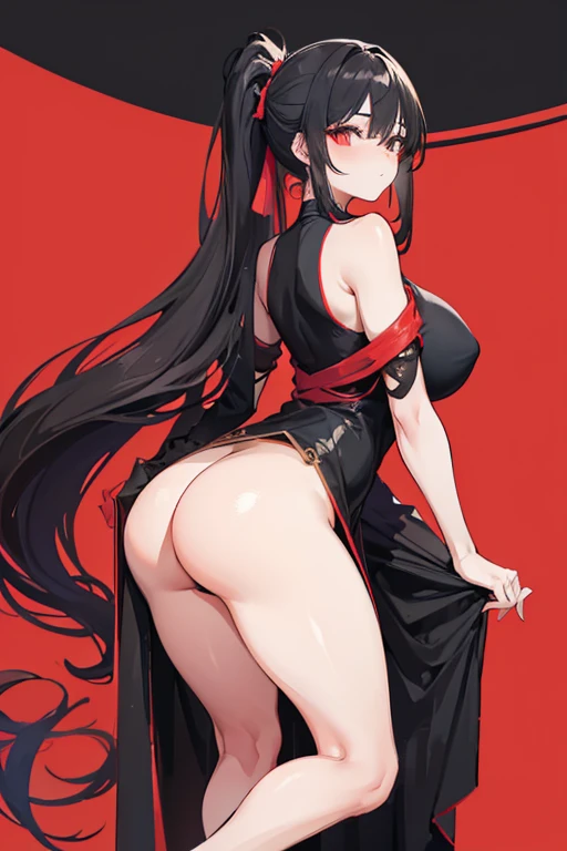 Girl with long black hair tied in a ponytail wearing an elegant and sexy dress in black gold and red that highlights her curves, big tits and big ass