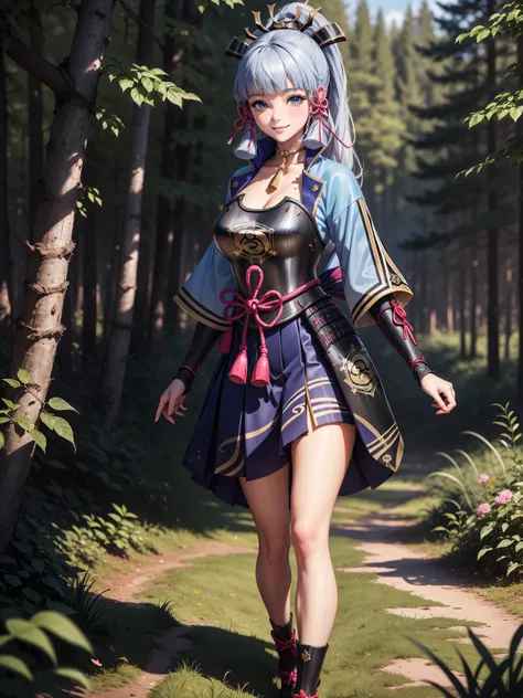 (Kamisatoayakadef), slim body, narrow waist, blush, official art, detail eyes, cg, standing, forest, (expansive landscape photography:1.2),perfect body, smile, colourfull, (huge breasts)