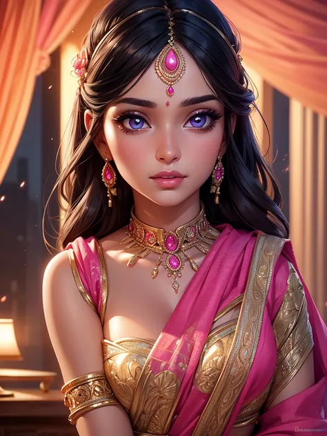 a gorgeous young woman in a pink saree, beautiful detailed eyes, beautiful detailed lips, extremely detailed face, longeyelashes, intricate saree design, flowing fabric, warm lighting, glowing skin, photorealistic, 8k, high quality, detailed, vivid colors,...