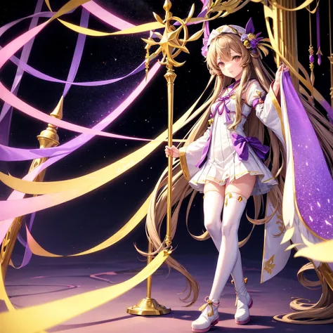 Yuzuki Yukari vocaloid 16 year old girl light brown hair golden eyes white priestess outfit with angels hello long white boots staff with purple gems angels light wings