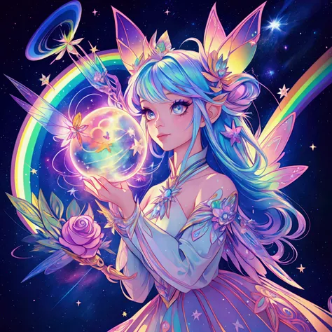 a pretty fairy with rainbow hair in a galactic rainbow universe with starry lined trails