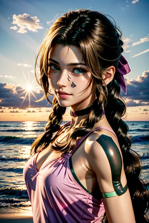 
Aerith,FF7, Long Hair, bangs, Brown Hair, bow, ribbon, jewelry, Green Eyes,  hair ピンクribbon, Braiding, hair bow, Side Lock, choker, necklace, lips, parted bangs, pink bow, Portraiture, Realistic,Super high quality,high quality,masterpiece,Digital SLR,Deta...