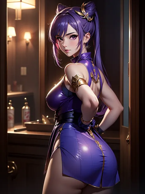 Stingy, Genshin Impact, anime girl with purple eyes and purple hair looking at the camera with a beautiful and attractive smile, Colorful lens reflection, Glitter GIF, Light through glass, Breathtaking Rendering, Extreme close up, CG Anime Art, Attractive ...