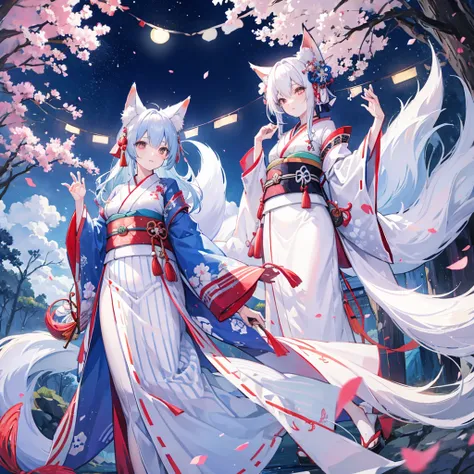 Kitsune, fox, white-blue hair stripes, traditional clothes, kimono