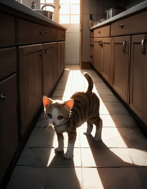 A small kid crawling on the floor is baffled as a kitten rears up on its hind legs with its paws spread offering to play, kitchen floor
