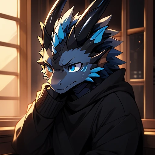 a furry den dragon with black scales and blue-tipped horns, blue colored eyes, wearing a black sweater ((with a tired face)) (arte anime)