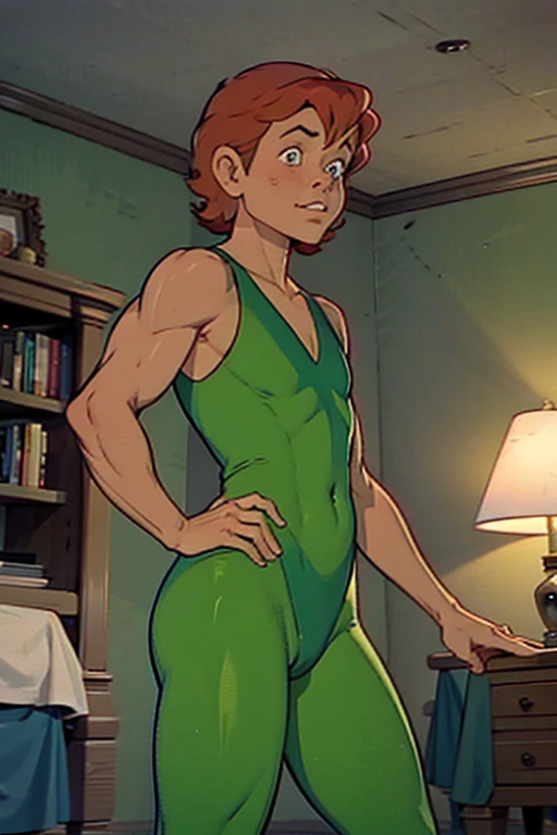 a redhead cartoon character dressed in a green leotard, pole dancing, very muscular, a young male wizard, 1980s cartoon, animated episode still, ((Bedroom)), Presto (((mad)))