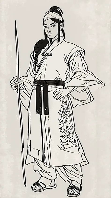 (((monochrome)))、(((ink painting)))、((ancient china、handsome young man with a bun and a white swimming cap))、hands on hips、line ...