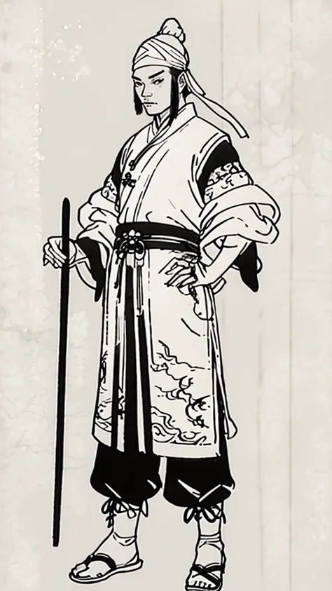 (((monochrome)))、(((ink painting)))、((ancient china、handsome young man with a bun and a white swimming cap))、hands on hips、line ...