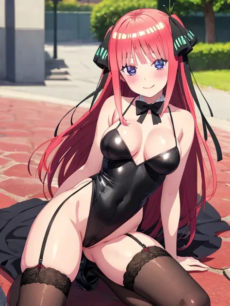 best quality, insanely detailed, nino nakano, breasts, blush, outdoor background, bare-shoulder, looking at viewer, garter strap, a black ribbon, stockings, highleg leotard, pussy, smile, open legs