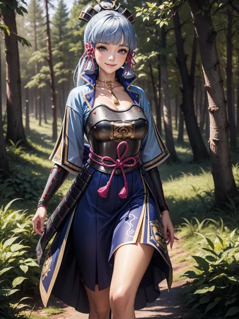 (Kamisatoayakadef), slim body, narrow waist, blush, official art, detail eyes, cg, standing, forest, (expansive landscape photography:1.2),perfect body, smile, colourfull, (huge breasts)