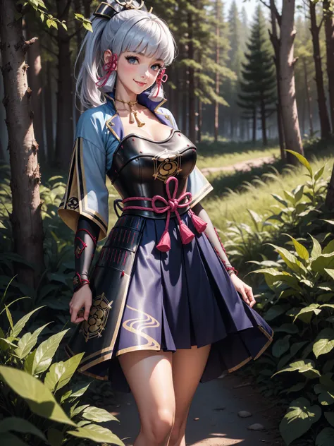 (Kamisatoayakadef), slim body, narrow waist, blush, official art, detail eyes, cg, standing, forest, (expansive landscape photography:1.2),perfect body, smile, colourfull, (huge breasts)