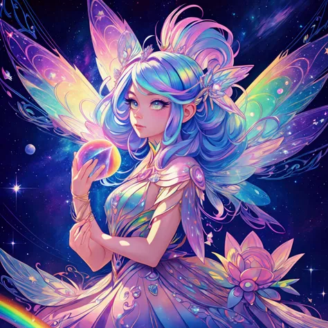 a pretty fairy with rainbow hair in a galactic rainbow universe with starry lined trails