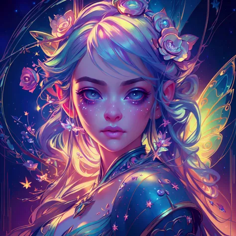 a pretty fairy with rainbow hair,1girl,beautiful detailed eyes,beautiful detailed lips,extremely detailed face and portrait, long eyelashes, galactic rainbow universe, starry lined trails, magical, ethereal, vivid colors, cinematic lighting, dramatic light...