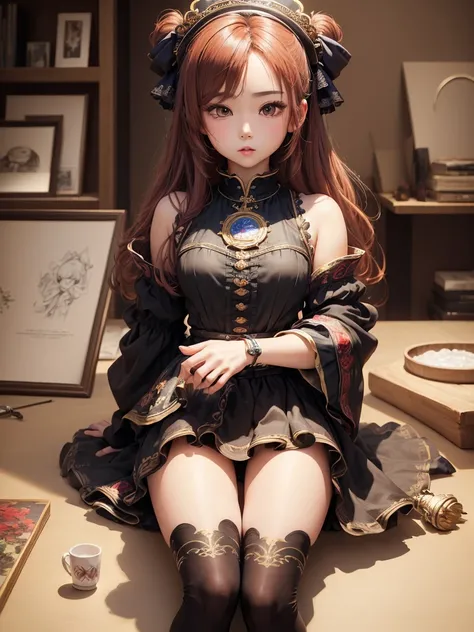 (((masterpiece､Highest quality､High resolution､Super detailed description､)))､(Chibi character&#39;s daughter:1.6)、3 heads､White Bob、Red Witch Hat、Luxury camisole with red frillicro Mini Skirt､Red, transparent knee socks､Rose Charm、smile、Full body standing...