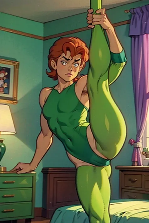 a redhead cartoon character dressed in a green leotard, pole dancing, very muscular, a young male wizard, 1980s cartoon, animated episode still, ((Bedroom)), Presto (((mad)))