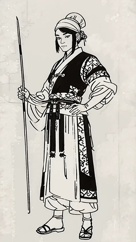 (((monochrome)))、(((ink painting)))、((ancient china、handsome young man with a bun and a white swimming cap))、have a long stick、h...