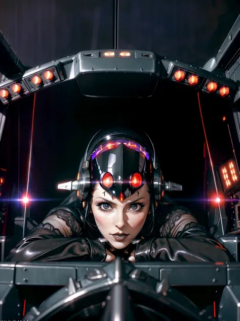 (((gothic vampire piloting) in gothic spacecraft)), (((retro anime))), ((from below)), ((120 fov)), ((((gothic)) control panels)), (((mature))), (((gothic))), (iridescent) bodysuit, ((((lace accessories)))), ((pilot seat)), ((((lying back)) pose)), (((eleg...