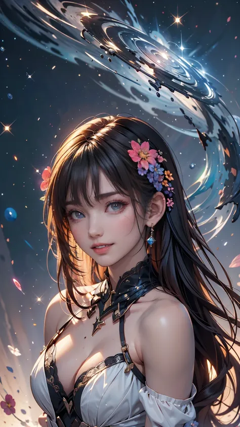 (Highest quality, masterpiece), One girl, Pause, particle, Wind, flower, Upper Body, Simple Background, View your viewers, Black and messy hair, Cosmic, nebula, Milky Way、smile、Top view