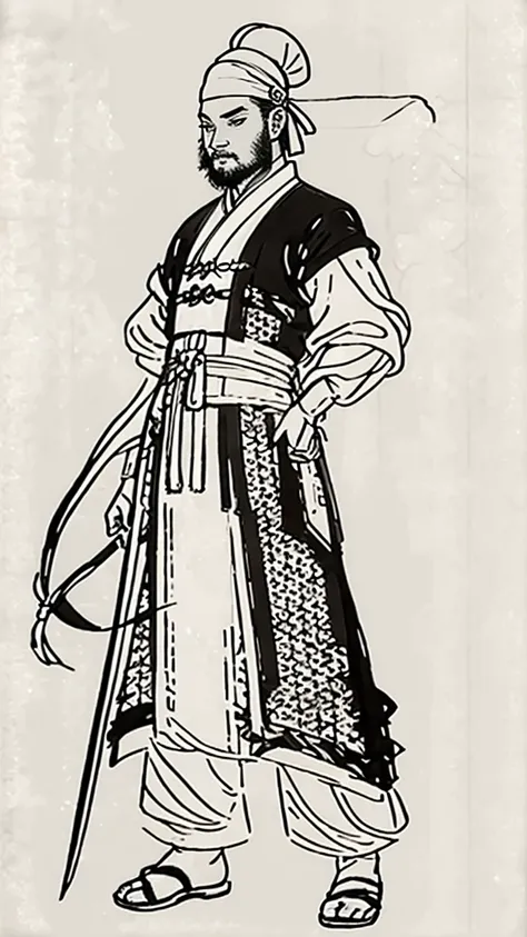 (((Monochrome)))、(((Ink Painting)))、((ancient china、Handsome young man with a bun and a white swimming cap))、Have a long weapon、Hands on hips、Line art、Oriental、Ultra-high resolution、Game Poster、Crisp and beautiful image quality、whole body ,(ancient china鎧,...