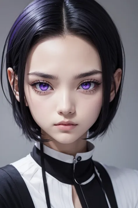 A hunterxhunter oc with violet eyes, white, black hair with a streak