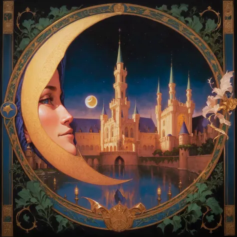 painting of a crescent with a face in front of a castle, inspired by James C.. Christensen, realist kinematics,  : : florida, greg hildebrandt very detailed, by the Hildebrandt brothers, Lt. Tomek Setowski, Annie Stegg Gerard, Chris Moore”, by Tim Hildebra...