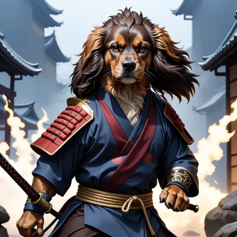 anime illustrations anime illustrations ((dark anime art:1.1)), An angry samurai cocker spaniel is storming the battlefield  . animated style, Clave visual, Vibrant, studio anime,  Very detailed . animated style, Clave visual, Vibrant, studio anime,  Very ...