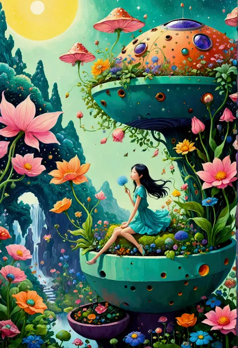 A painting，Pastel Painting，Artists from the stars，Psychedelic Art，Pointillism method，有A painting，There is a fairy in a flower pot in the painting, Whimsical fantasy landscape art, A beautiful artistic illustration, Fantasticism, Color illustrations, very s...