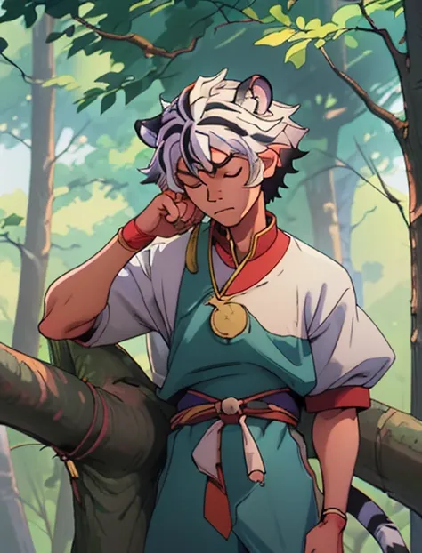 best quality, masterpiece, highres, detailed, digital illustration, FohlFayon, tiger boy, tiger tail, two-toned hair, white hair, black hair, tiger ears, jojo pose, short hair, closed eyes, upper body, forest, sleeping, leaning on tree,