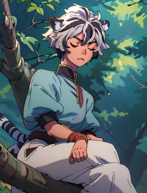 best quality, masterpiece, highres, detailed, digital illustration, FohlFayon, tiger boy, tiger tail, two-toned hair, white hair, black hair, tiger ears, jojo pose, short hair, closed eyes, upper body, forest, sleeping, leaning on tree,