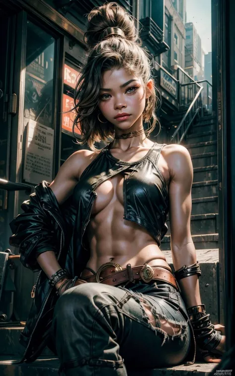 (Zendaya:Evangeline Lilly) ,sitting on some stairs, ripped jeans, tank top, ((pulls up her shirt)) , slightly muscular, Beautiful anime waifu style girl, hyperdetailed painting, luminism, art by Carne Griffiths and Wadim Kashin concept art,  post-apocalypt...