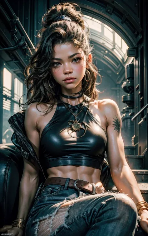 (Zendaya:Evangeline Lilly) ,sitting on some stairs, ripped jeans, tank top, ((pulls up her shirt)) , slightly muscular, Beautiful anime waifu style girl, hyperdetailed painting, luminism, art by Carne Griffiths and Wadim Kashin concept art,  post-apocalypt...