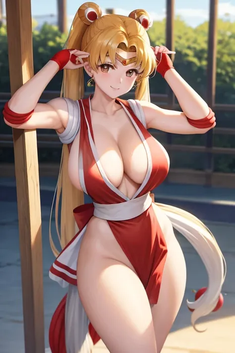 masterpiece, best quality, beautiful art, high resolution, well formed hands, body and fingers, 1 woman, solo, sailor moon , adult, grown up, twin tails, blonde, large and round breasted, cleavage, full body, , sexy sailor senshi uniform, , red boots, gorg...