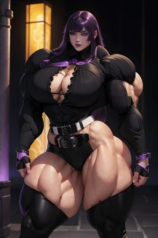 ((Close-up)), tall, (violet purple hair) beautiful muscular woman, long hair with long bangs, pale white skinned, closed smile, (black lipstick), big breast, (massive muscles), (hyper muscle), ((ginormous bulky muscles)), glowing black eyes, (((violet long...