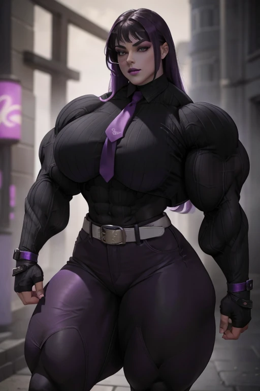 ((Close-up)), tall, (violet purple hair) beautiful muscular woman, long hair with long bangs, pale white skinned, closed smile, (black lipstick), big breast, (massive muscles), (hyper muscle), ((ginormous bulky muscles)), glowing black eyes, (((violet long...