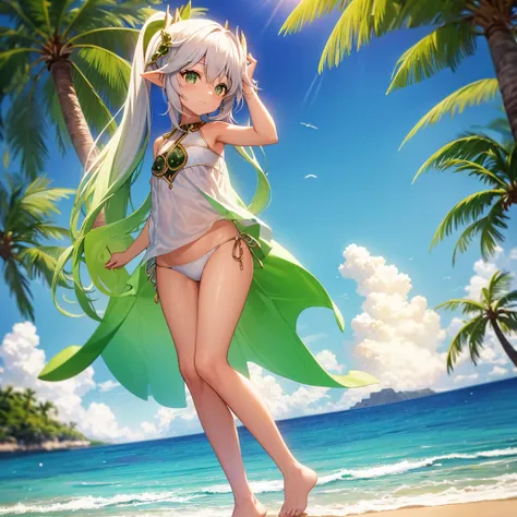 An image of the character Nahida standing on the beach in a fashionable swimsuit. The sun set behind it, creating a beautiful silhouette around it. Nahida smiled, hair blowing in the sea breeze, and water waves hitting her feet. Around it there is white sa...