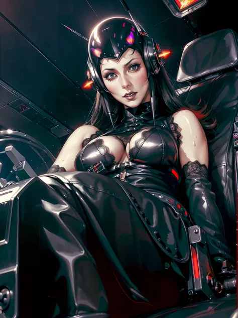 (((gothic vampire piloting) in gothic spacecraft)), (((retro anime))), (((from below))), ((120 fov)), ((((gothic)) control panels)), (((mature))), (((gothic))), (iridescent) bodysuit, ((((lace accessories)))), ((pilot seat)), ((((lying back)) pose)), (((el...