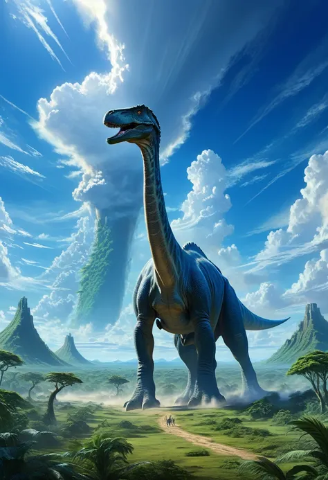 An epic, ultra detailed digital painting of towering dinosaurs, akin to Brachiosauruses, with necks stretching far beyond typical proportions, almost merging with low-hanging clouds in the ultramarine sky, shadows and sunbeams washing over their immense bo...