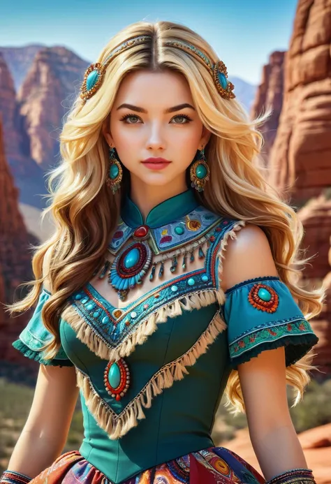 Beautiful boho women stunning merge of Masiela Lusha with colorful southwestern style dress. colorful southwestern earing and. jewelry, blond colored hair that is coarse, wiry, and tightly curled. It often has a rough texture, feels stiff to the touch, and...