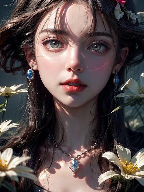 WLOP detailed beautiful face and eyes, rouge at the outer corner of the eye, lipstick, eyeshadow, long hair, glowing flowers creeping up neck, ear piercing with chain, collarbone, close shot, oil painting