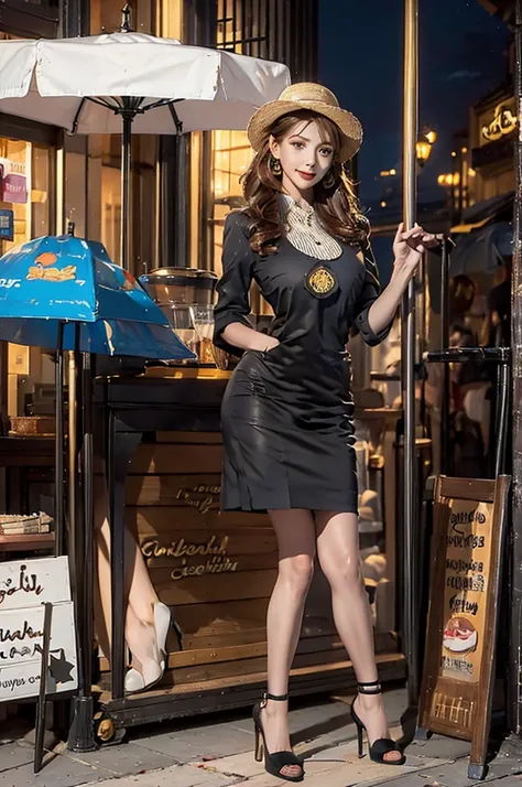 A high-quality image of a young woman selling coffee from a street cart. She is standing beside her well-decorated cart, which has a colorful umbrella and a variety of coffee-making equipment. The street is bustling with activity, with people walking by, s...