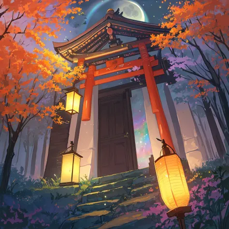 Wide Landscape Photography, (((nobody)), ((Summer Night)), (A view of the sky and wilderness from below), Japanese Forest, shrine, Bird is ready, (Full Moon: 1.2), (meteor: 0.9), (nebula: 1.3), Distant Mountains々, Tree BREAK Production Art, (Warm light sou...