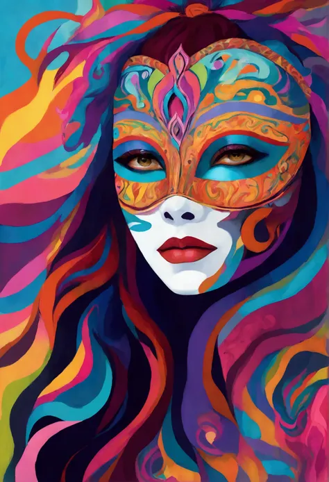 digitalpainting, A colorful, abstract portrait of a woman with vibrant, flowing hair and a decorative mask or face paint. The background is filled with whimsical, psychedelic patterns and shapes in a variety of bright, contrasting colors, bold and thin lin...