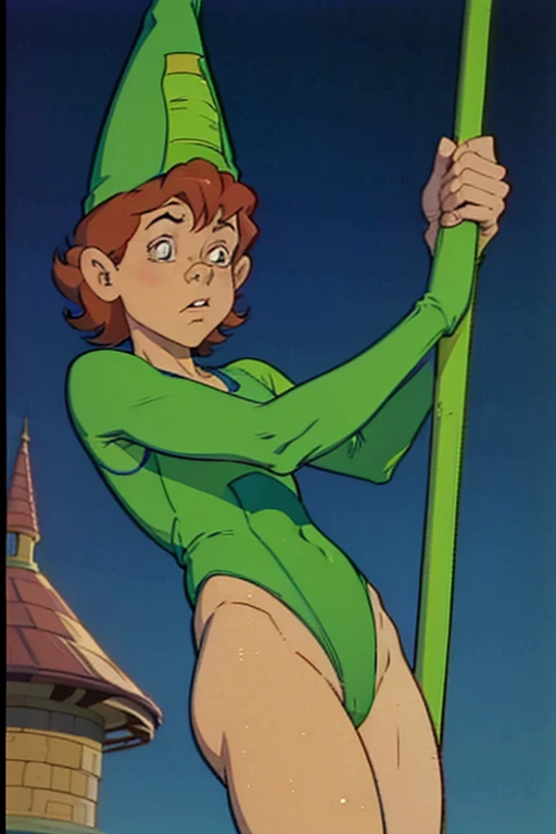 a redhead cartoon character wearing a green leotard, pole dancing, very muscular, a 14 year old male wizard, 1980s cartoon, animated episode still, Presto (((mad))), ((Wears a wizard hat))