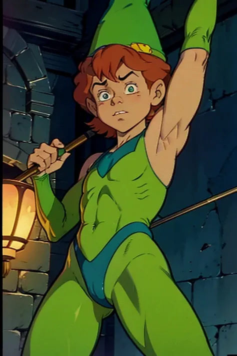 a redhead cartoon character wearing a green leotard, pole dancing, very muscular, a 14 year old male wizard, 1980s cartoon, animated episode still, Presto (((mad))), ((Wears a wizard hat))