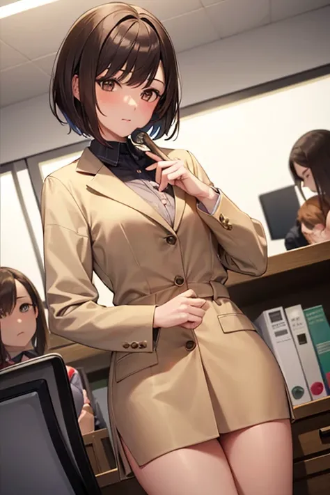 1girl, well-dressed lady, brown bob cut hair, brown eyes, holding a doll in her hand in an office